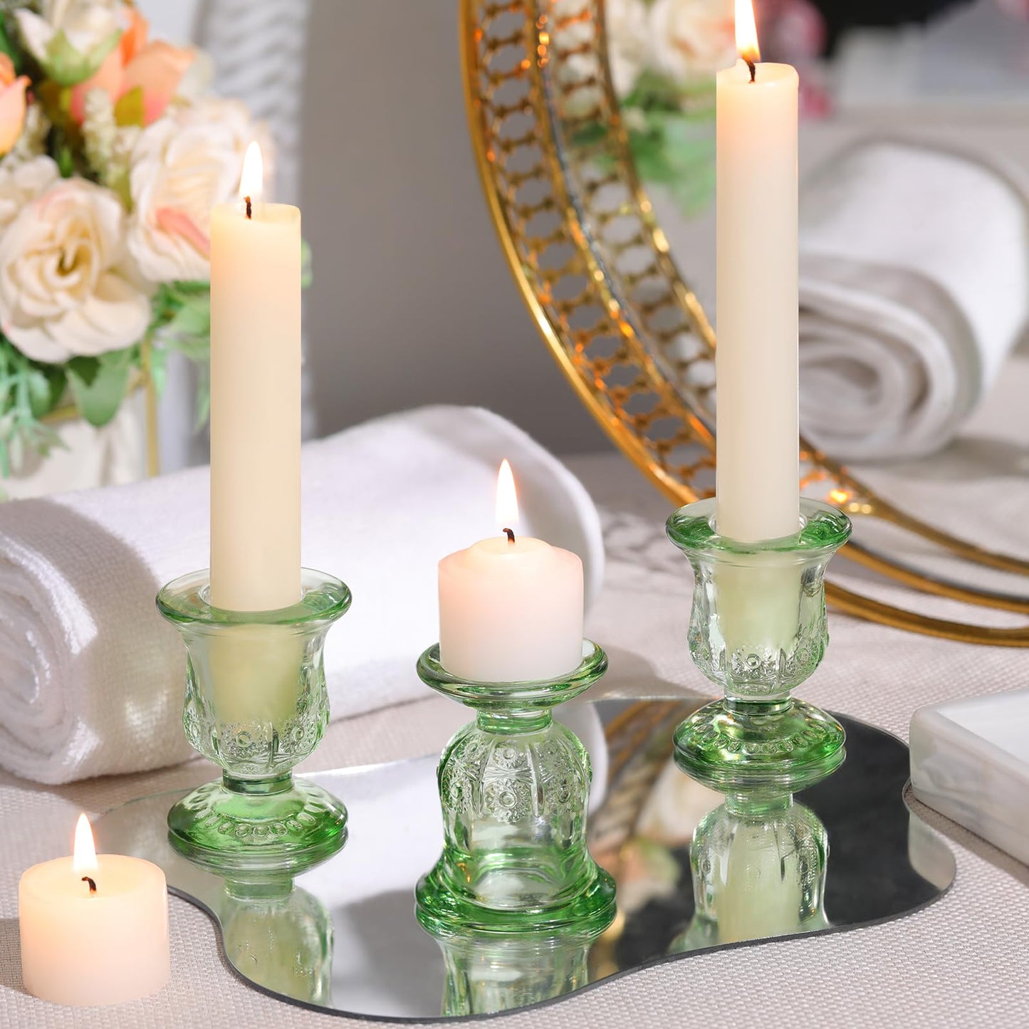 sunnyfuture 10pcs Green Candlestick Holders, Glass Taper Candle Holders for Table Centerpiece Decor, Wedding, Birthday, Gift