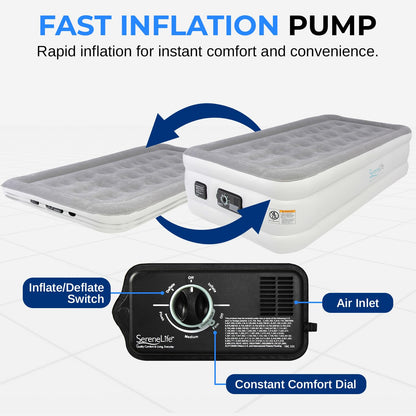 SereneLife Twin Air Mattress with Built in ComfortCoil Technology & Internal High Capacity Pump | Elevated Raised Air Mattress Quilt Top | 1-Year Guarantee, Gray