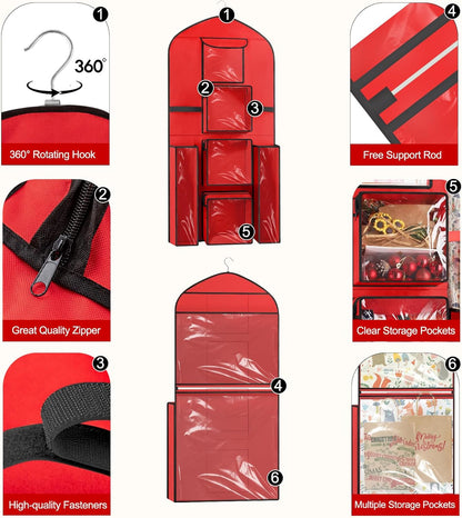Woodoulogy Extra Large Red Double-Sided Christmas Gift Wrapping Paper Storage - 48x24 Oxford Organizer