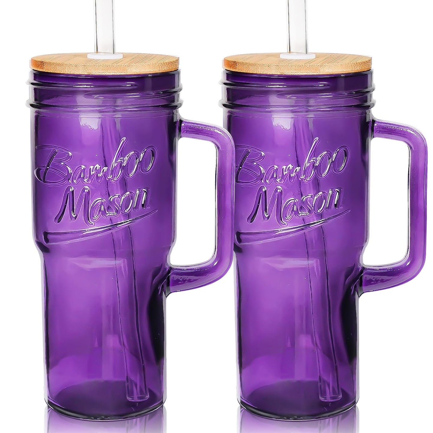 ANOTION Glass Cups with Handle, 24oz Glass Cups with Lids and Straws Travel Coffee Mug Bamboo Mason Jar Iced Cup Smoothie Tea Clear Cute Water Drinking Jars Glasses, Purple