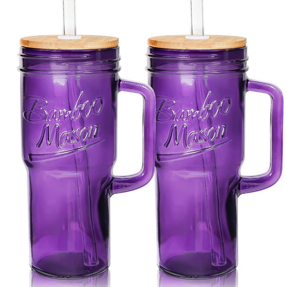 ANOTION Glass Cups with Handle, 24oz Glass Cups with Lids and Straws Travel Coffee Mug Bamboo Mason Jar Iced Cup Smoothie Tea Clear Cute Water Drinking Jars Glasses, Purple