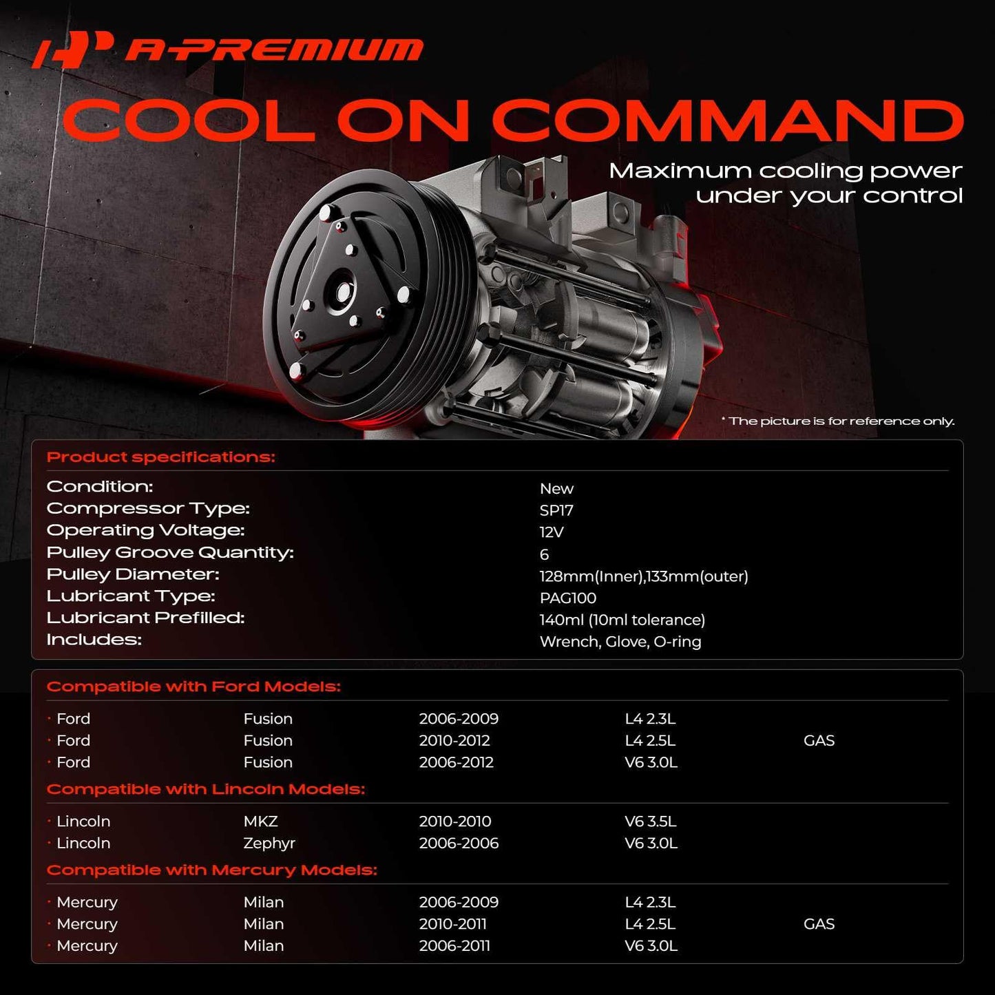 A-Premium Air Conditioner AC Compressor with Clutch Compatible with Ford Fusion 2006-2012, Lincoln MKZ 2010, Zephyr 2006, Mercury Milan 2006-2011, w/ 5.24" Outer diameter Pulley, w/ 5.04" Inner diamet