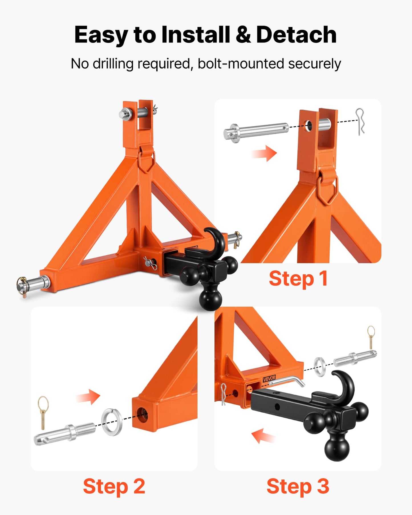 VEVOR 3 Point Trailer Hitch with 2" Receiver, 3 Pt Quick Hitch Attachment with 3 Trailer Balls, Tractor Tow Drawbar Adapter for Category 1, Kubota, Mahindra, Ford, Yanmar, John Deere, Massey Ferguson