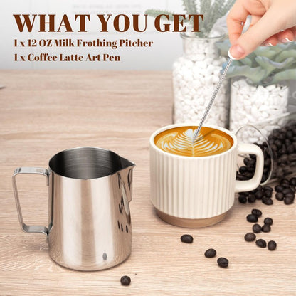 Amrules Milk Frothing Pitcher, 12oz Milk Frother Cup with Clear Scale, 304 Stainless Steel Cappuccino Espresso Machine Accessories for Barista Coffee Bar with Latte Art Pen, Silver