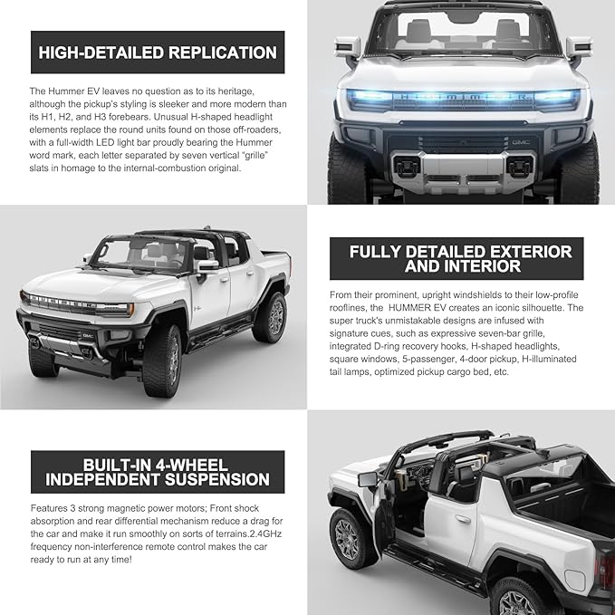 RASTAR Remote Control Car 1/16 Scale GMC Hummer EV Pickup RC Car Electric Off-Road Monster RC Hummer Truck for Kids Boys White 2.4G
