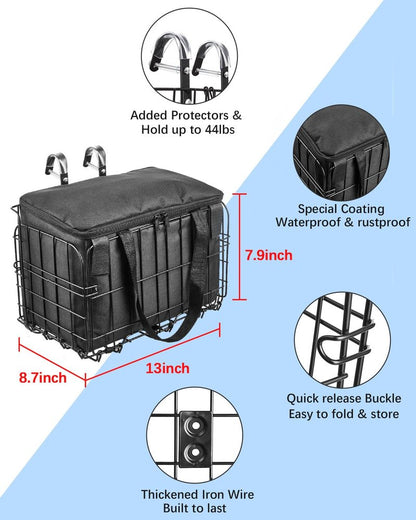 Zacro Metal Bike Basket Front Large Folding Ebike Bicycle Basket with Removable Liner Bag, Quick Release Design for Adult Women/Men Carrying Dogs, Pets, Fruit & Grocery