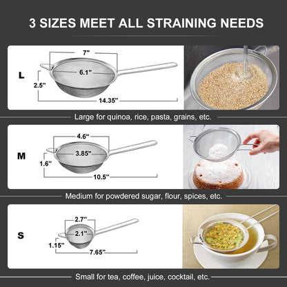 Walfos Fine Mesh Strainer Set of 3, Stainless Steel Wire Strainers for Kitchen, Multipurpose Metal Fine Sieve with Handle, Perfect for Food, Rice, Quinoa, 2.7", 4.6", 7"