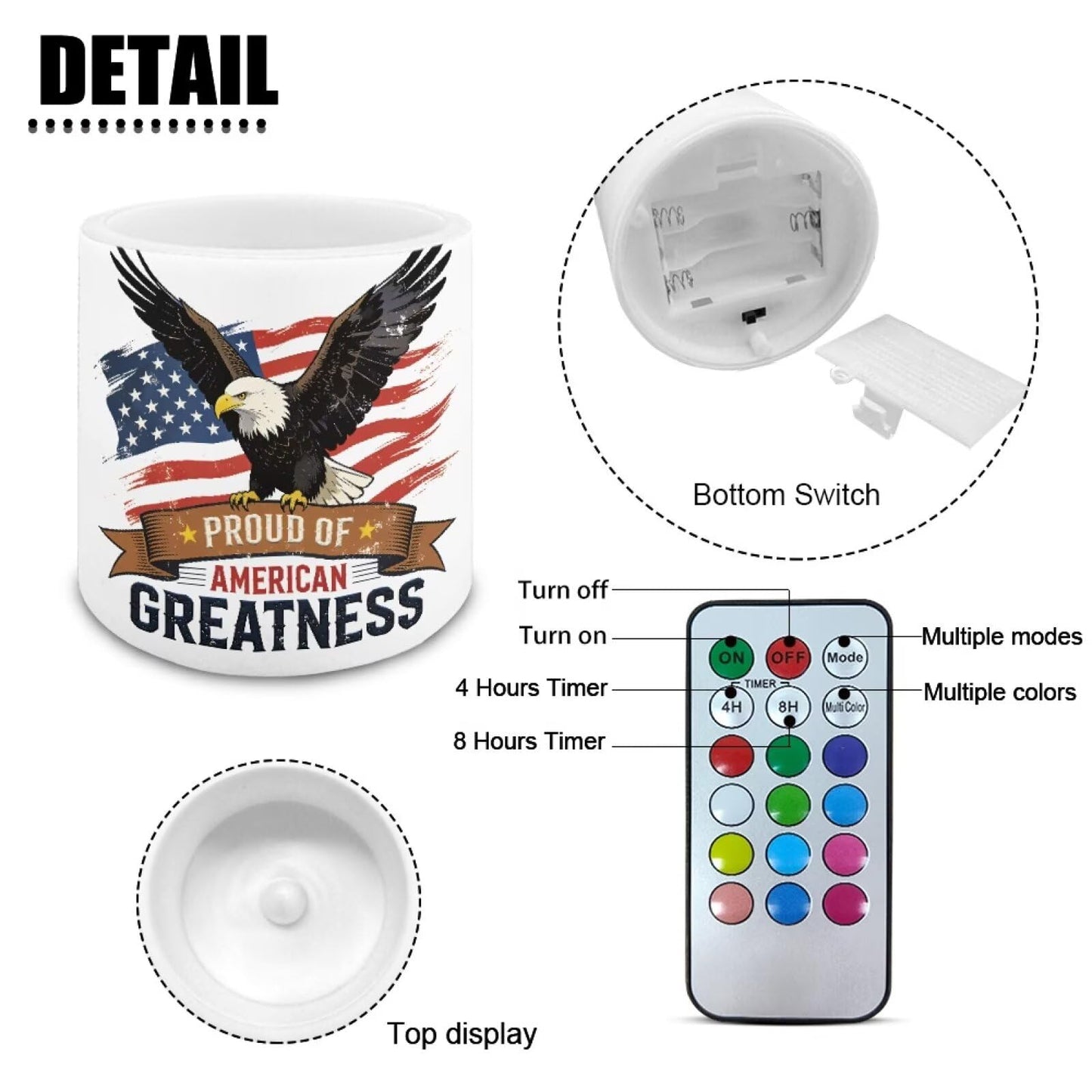 NETILGEN 3 inch Flameless LED Candles for July 4th Independence Day Decor Set of 4 Timer Remote Flickering Flameless Candles with Battery Operated American Flag Eagle 250th Anniversary