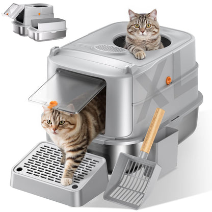Stainless Steel Cat Litter Box with Lid, XL Extra Large Metal Litter Box for Big Cats, 180° Flip Cover Enclosed Top Entry Litter Boxs with High Sided Enclosure & Scoop, Non-Sticky, Anti-Leakage