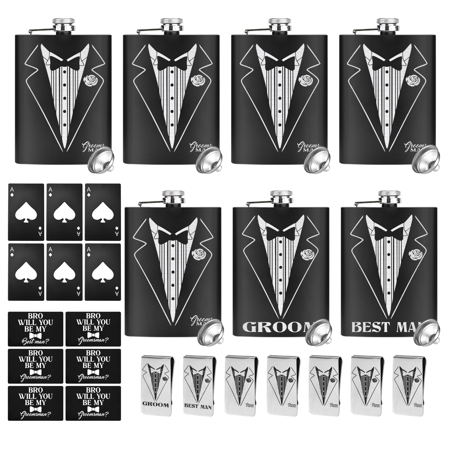 33 Pcs Groomsmen Proposal Gift - 8 Flasks 8 Funnel 8 Bottle Opener 6 Invitation Card 7 Money Clip, Groomsmen Gifts Set of 7 for Wedding