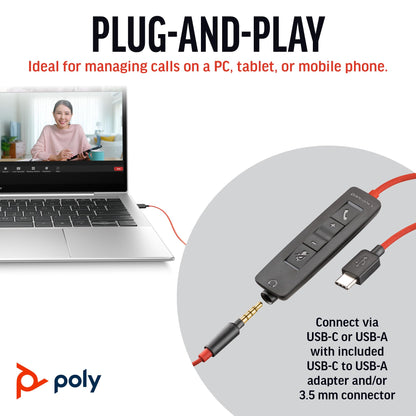 Poly Blackwire 3225 Wired Headset (Plantronics) - Noise-Canceling Mic – Stereo Design - Connect to PC/Mac/Mobile via USB-C, USB-A, or 3.5mm - Works w/Teams, Zoom - Amazon Exclusive