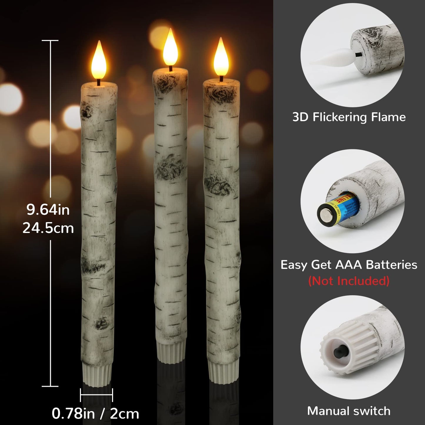 PChero Flameless Taper Candles with Remote Timer, Pack of 3 Birch Bark Real Wax Battery Operated Candlesticks, 9.6 Inches LED Flickering Window Candles for Home Wedding Christmas Decor