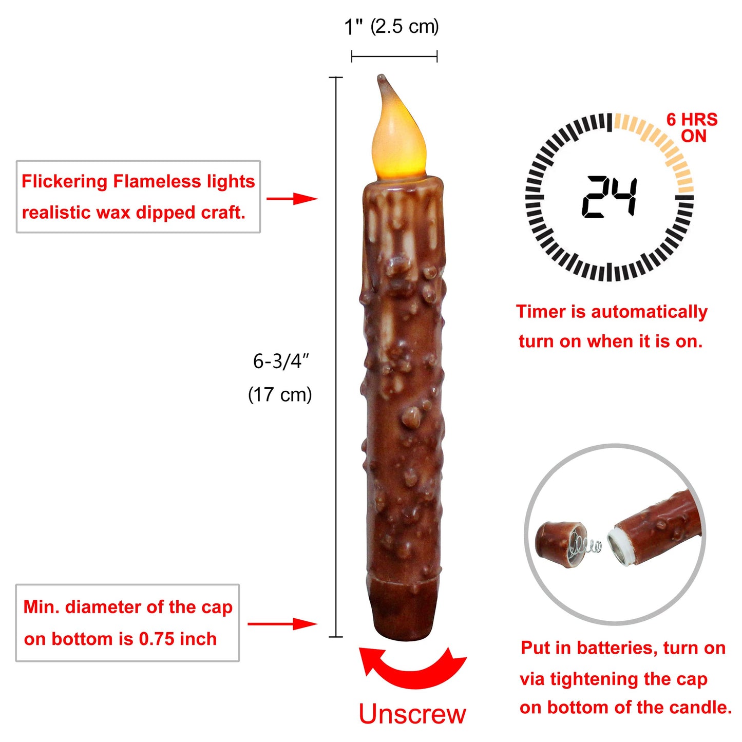 CVHOMEDECO. Real Wax Hand Dipped Battery Operated LED Timer Taper Candles Rustic Primitive Flameless Lights Décor, 6-3/4 Inch, Coffee, 6 PCS in a Package