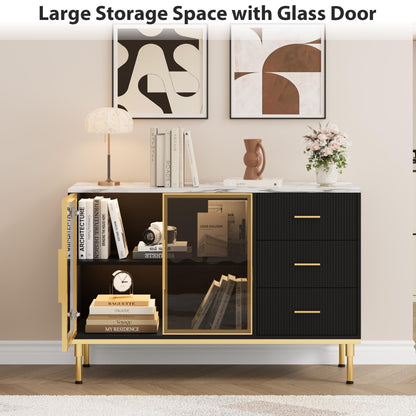 IDEALHOUSE Fluted Sideboard Cabinet, 46.4" Modern Sideboard Buffet Cabinet with 3 Drawers, 2 Glass Doors, Faux Marble Tabletop, Adjustable Shelves for Kitchen, Dining Room, Black