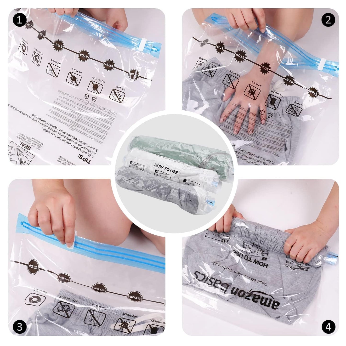 Amazon Basics Roll-Up Travel Zipper Storage Bags, 12 count (6 Small & 6 Medium), Multiple, Clear