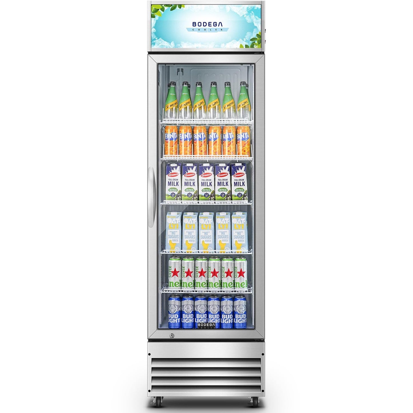 BODEGACOOLER Commercial Merchandiser Refrigerator, 12.5 Cu.Ft Glass Door Display Cooler, Upright Beverage Refrigerator with Soft LED Light, Adjustable Shelves, 4 Heavy-Duty Stainless Steel Casters