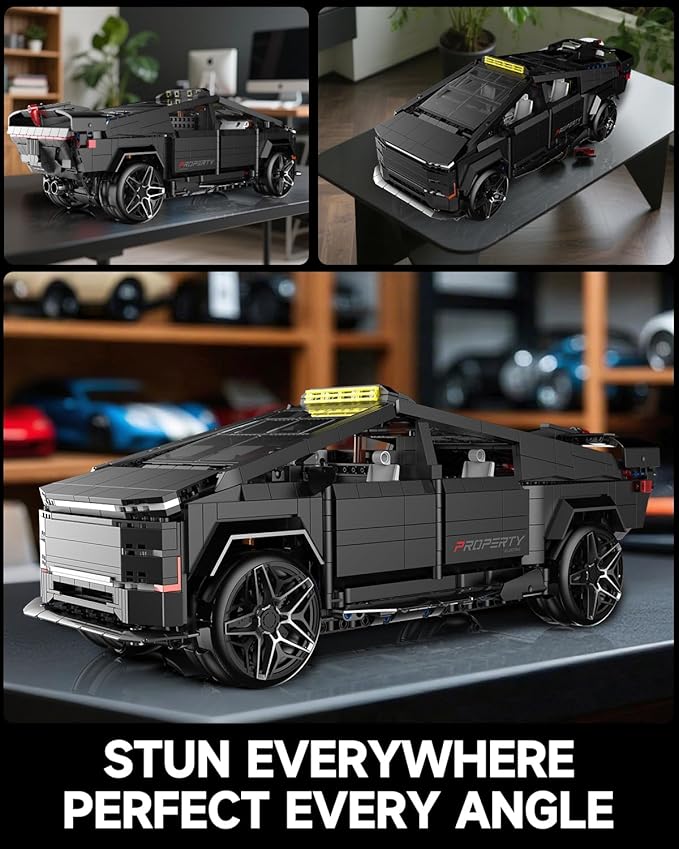 Remote Control Building Kit Futuristic Cyber Truck Model Black Electric RC Vehicle with Omniwheel Drift 1572 Pieces Construction Set for Adults 14+