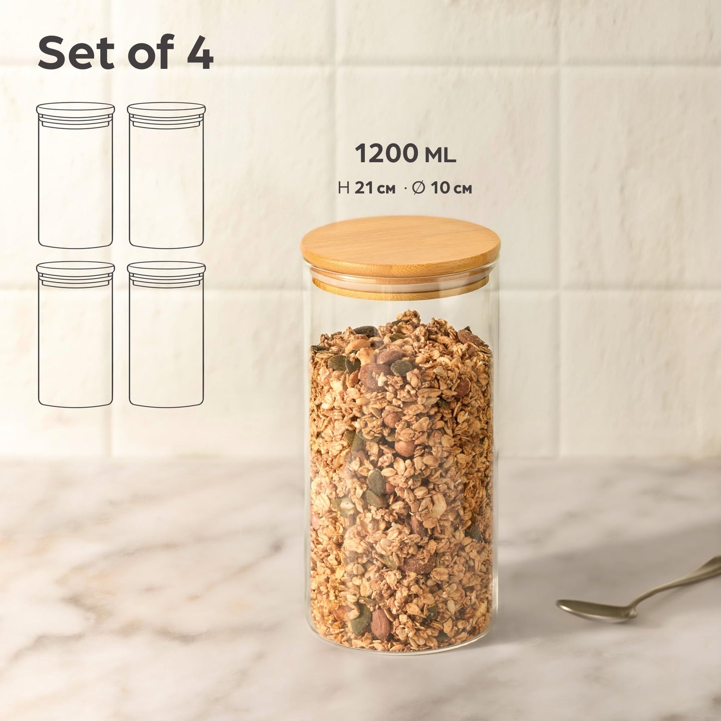 Praknu Glass Food Storage Jars 40oz Airtight Lid - Set of 4 Storage Container with Bamboo Lid - Clear Borosilicate Glass - Dishwasher Safe - Pantry Storage Containers