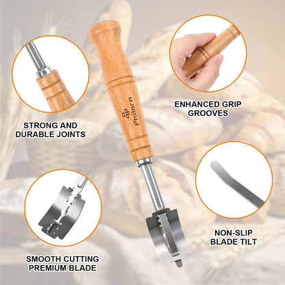PHILORN 2pcs Set Bread Lame with 10 Stainless Steel Blades, Finger Sleeves and Protective Cover - Sourdough Razor Scorer with Straight & Curved Scoring Knife - Ergonomic Wooden Handle Gift for Bakers