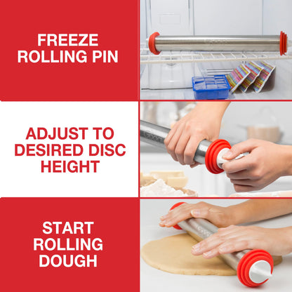 Adjustable XL Pastry Rolling Pin w/ 3 Spacer Rings- Adjust Dough Height for Consistent Thickeness- Heavy Duty NonStick Stainless Steel French Roller 17" Barrel- Bake Easter Cookies, Bread, & Pasta
