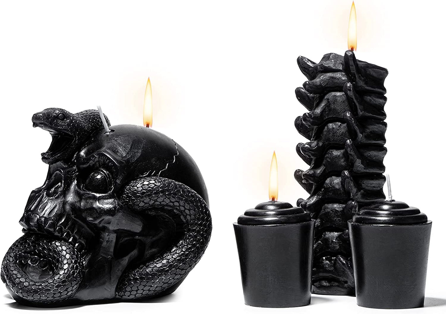 Skull & Spine Candles 4 Pack - Skeleton Snake, Spine & Black Bones Candle, Skulls, Magic Skulls Candlestick Spooky Gothic Emo Decor, Home & Bar Decoration, Large Creepy Skeletons Decorations