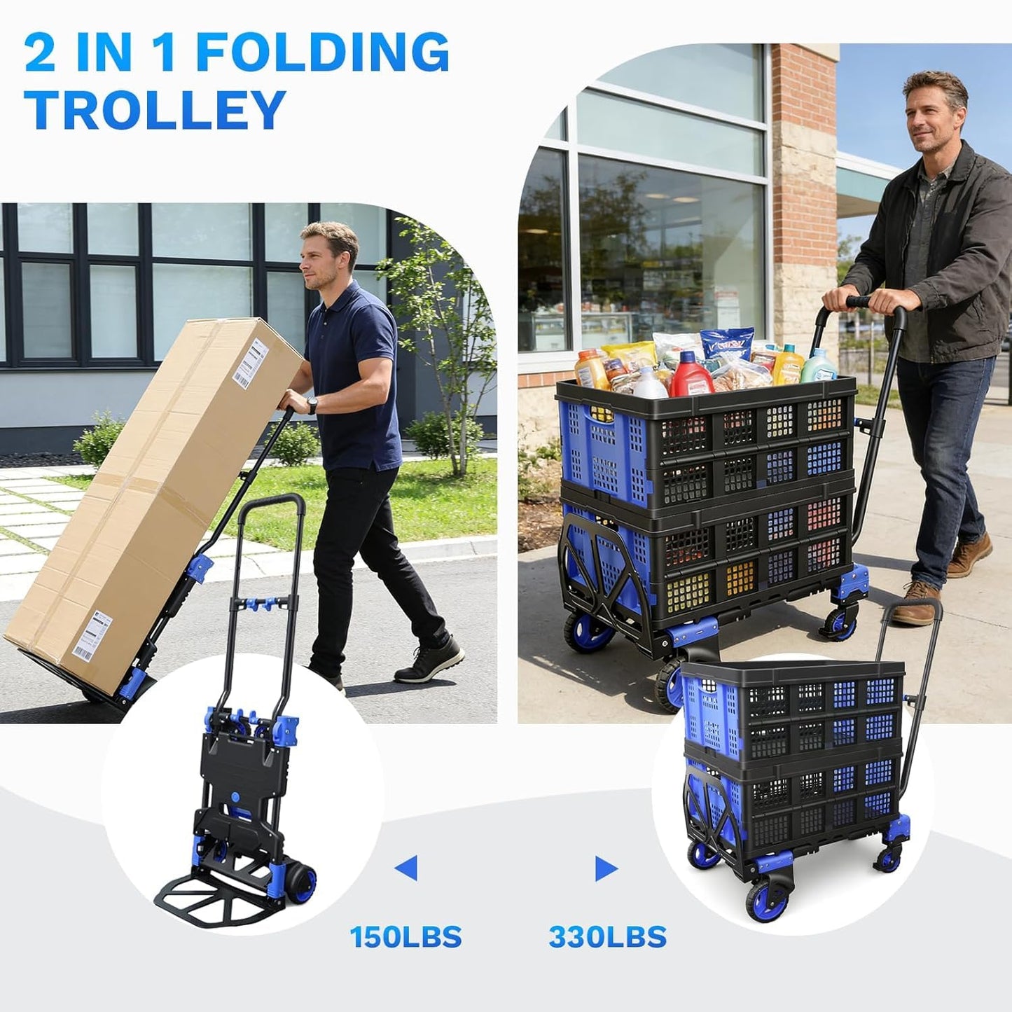 2 in 1 Folding Hand Truck with 2 Folding Basket,330lbs Capacity Heavy Duty Hand Truck,with Telescoping Handle and Rubber Wheels,Portable Dolly Cart with Bungee Cords for Moving,Travel,Shopping