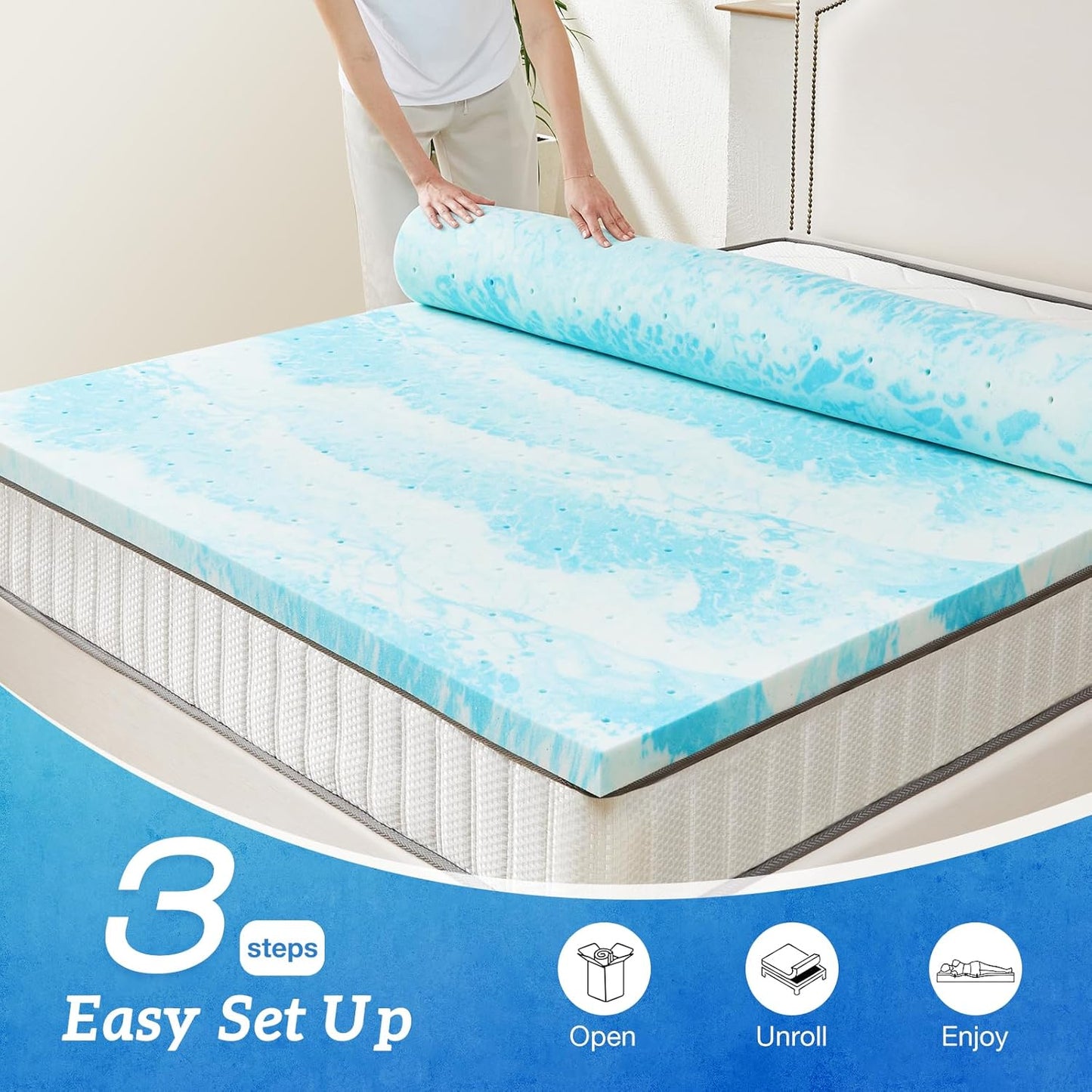Sweetcrispy Memory Foam Mattress Topper - 3 Inch Gel Infused Cooling Pad for Full Size Bed | CertiPUR US Certified, Breathable Blue