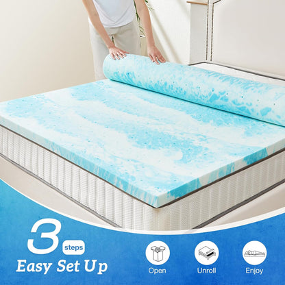 Sweetcrispy Memory Foam Mattress Topper - 3 Inch Gel Infused Cooling Pad for Full Size Bed | CertiPUR US Certified, Breathable Blue