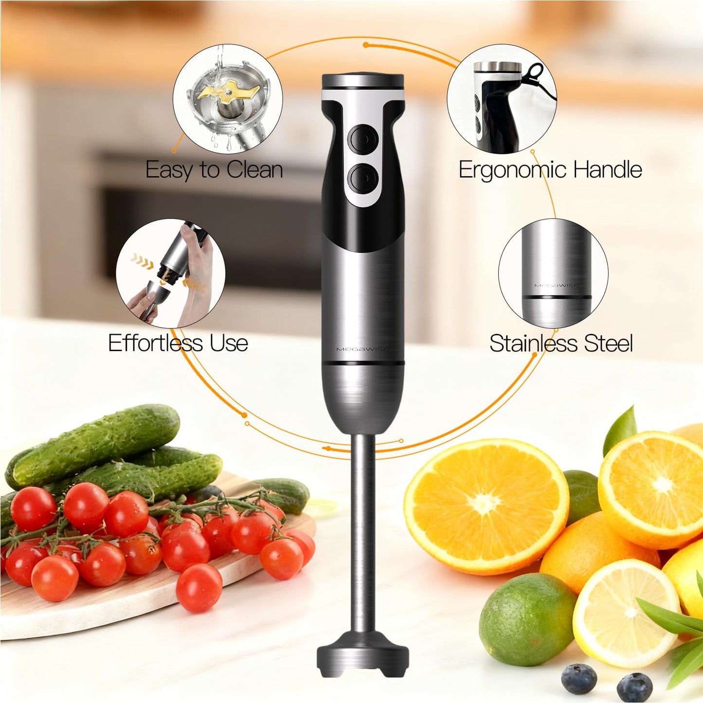 MEGAWISE new Hand Blender Series Only one Hand Blender,no attachments,12-Speed,Includes Powerful Blender Stick- Easy to Clean and Perfect for Smoothies, and More (black)