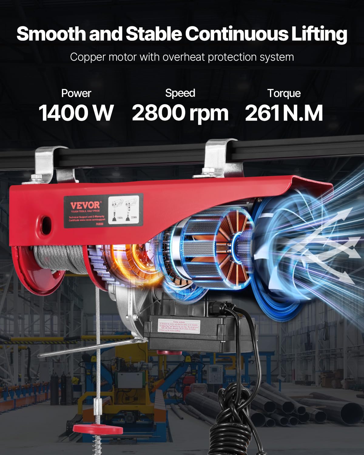 VEVOR Electric Hoist, 2200 lbs 120V Electric Winch with 328 ft Wireless & 14 ft Wired Remote Control, 40 ft Single Cable Lifting Height, Single/Double Slings, Lift Hoist for Garage Warehouse Factory