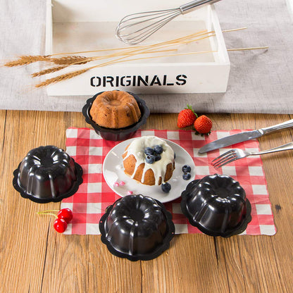 Webake Mini Cake Pan Nonstick Fluted Cake Pan 4 Inch Carbon Steel Baking Cup Mold for Buntcake, Bavarois, Brownie, Cupcake, Pudding Canele, Pack of 4