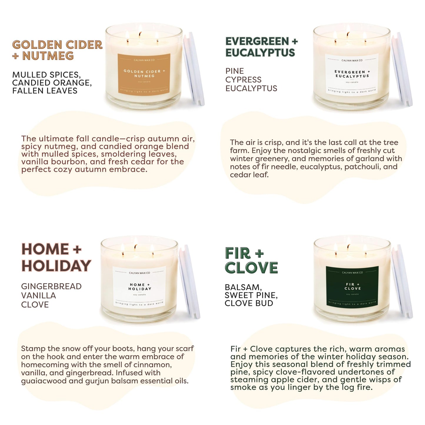 Calyan Wax Co. Holiday 3 Wick Scented Candle Gift Set - 4 Luxury Winter Scented Candles - 43 Hour Burn - 3 Wick Clean Soy Wax Candles - Long Lasting Large Glass Jar Candle for Home - 14.9oz