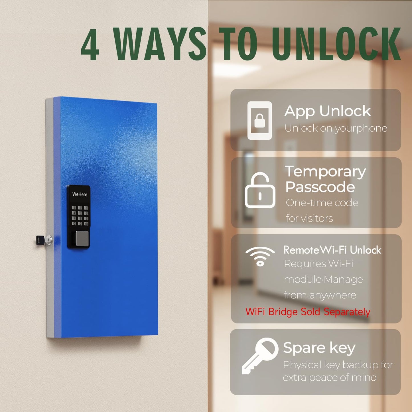 WeHere 48-Key Smart Key Lock Box Wall-Mount, Key Cabinet with Key Management App(Track Key Borrow/Return), Keypad, Bluetooth & WiFi Unlock (Sold Separately) for Commercial, School, Rental, Office