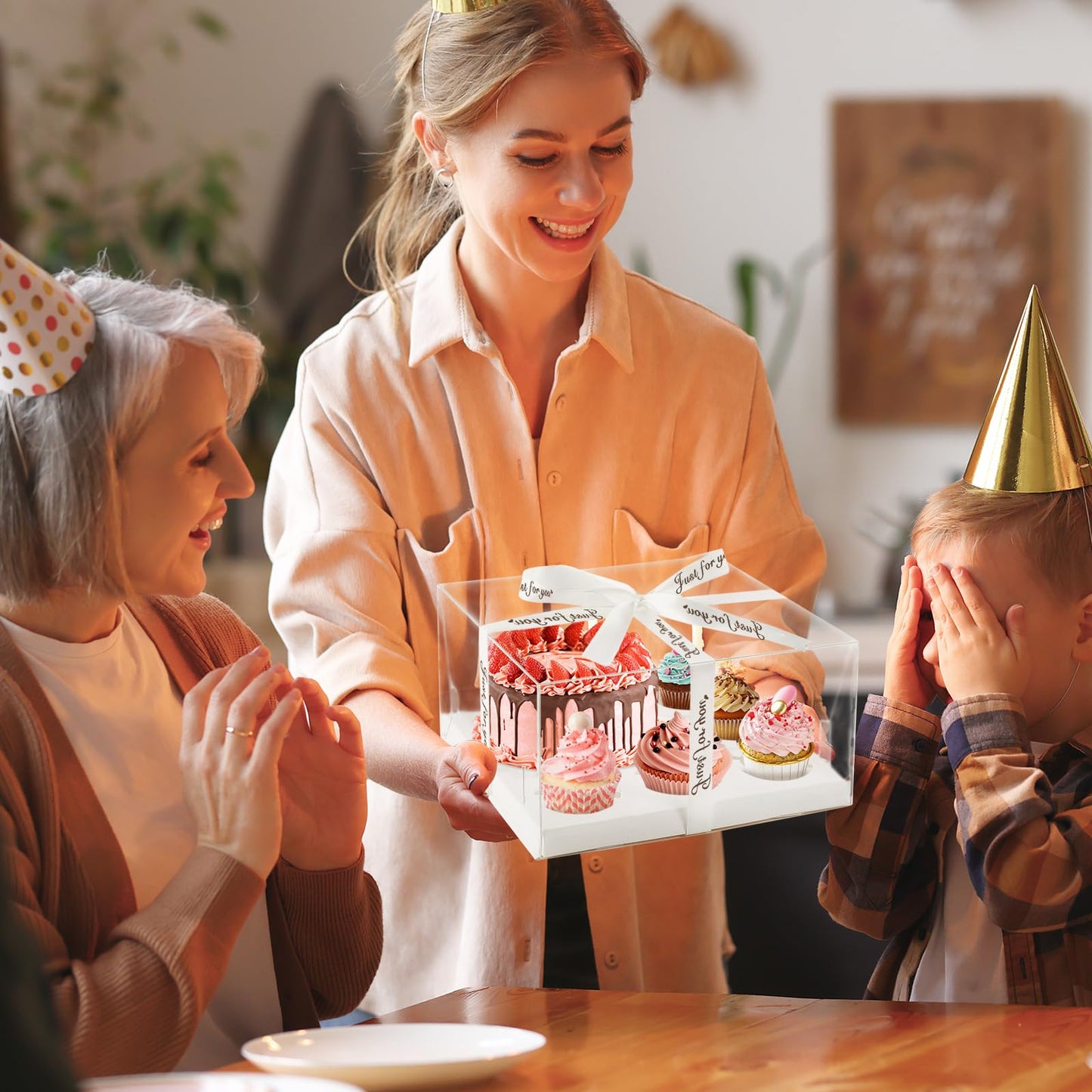 LLOERE 3 Pack Bento Cake and Cupcakes Box with Gift Ribbon, Clear Window 1+5 Combination Bento Boxes, 6 Holes Fit 5 Cupcake Containers and 1 Mini Cake(4-5in) for Birthday Party Baking Supplies