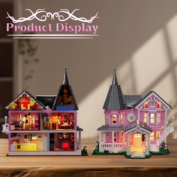 Pink Palace House Building Set with Lights Halloween Haunted House Blocks Toy Halloween House Kit for Kids Adults Compatible with Lego Christmas for Girls and Boys Aged 8+ (1349PCS)