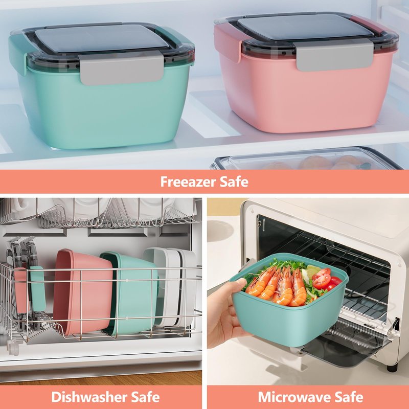 Cherrysea Salad Lunch Container, 68oz Salad Bowls with 4 Compartments Tray,Leak Proof Lunch Box with Fork for Men,Women BPA-Free Snack Container with Sauce Container for Dressings-Blue