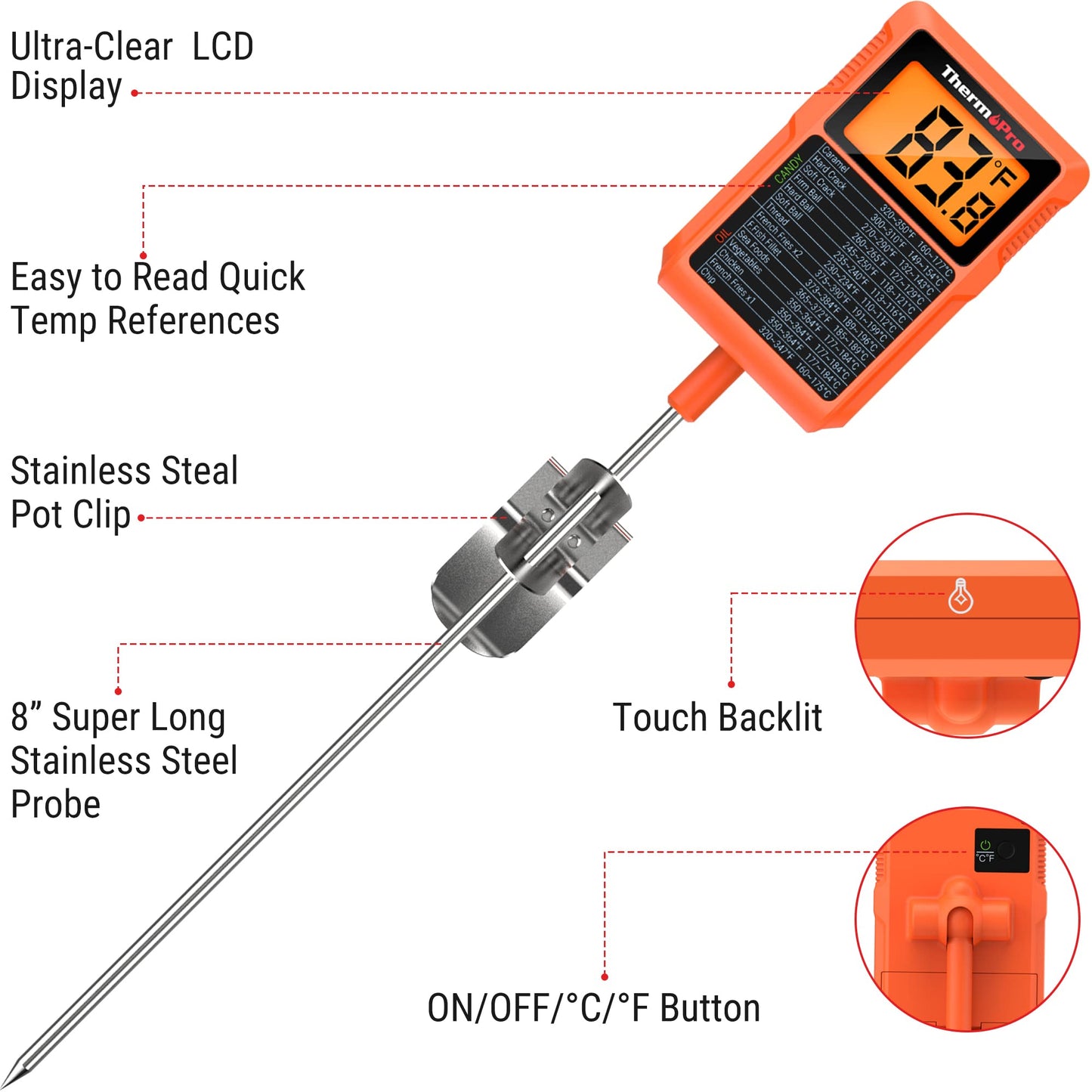 ThermoPro TP510 Waterproof Digital Candy Thermometer with Pot Clip, 10" Long Probe Instant Read Food Cooking Meat Thermometer for Grilling Smoker BBQ Deep Fry Oil Thermometer