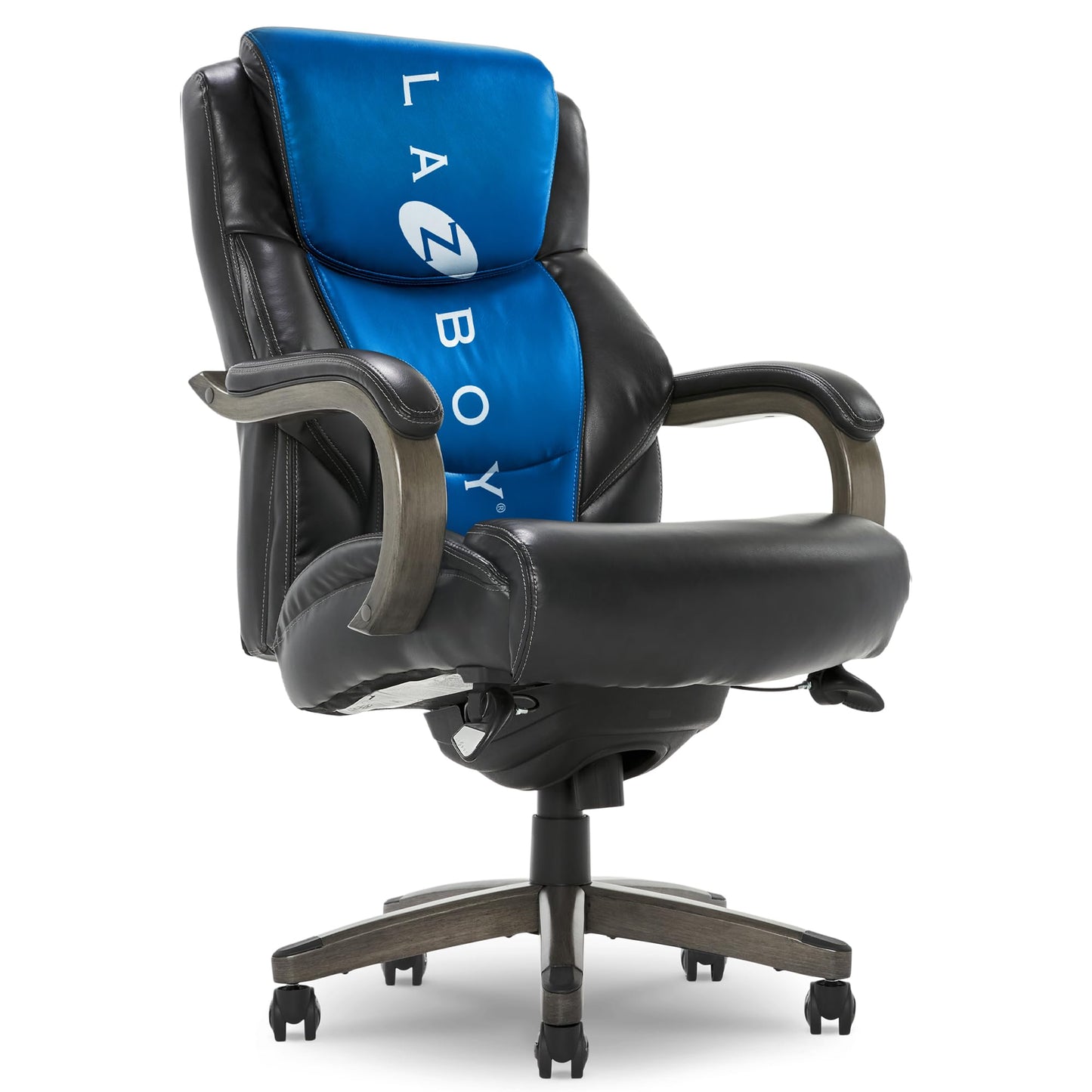 La-Z-Boy Delano Big and Tall Executive Office Chair - Ergonomic Lumbar Support Memory Foam - Bonded Leather Desk Chair for Home Office - Weathered Grey Wood Arms - Black