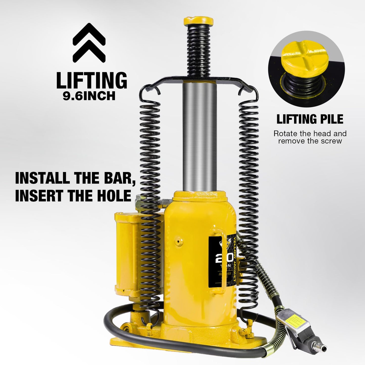 YELLOW JACKET 20 Ton Pneumatic Bottle Jack – Heavy-Duty Air/Hydraulic Lift for Trucks & Autos, Manual & Air Pump Operation, Yellow