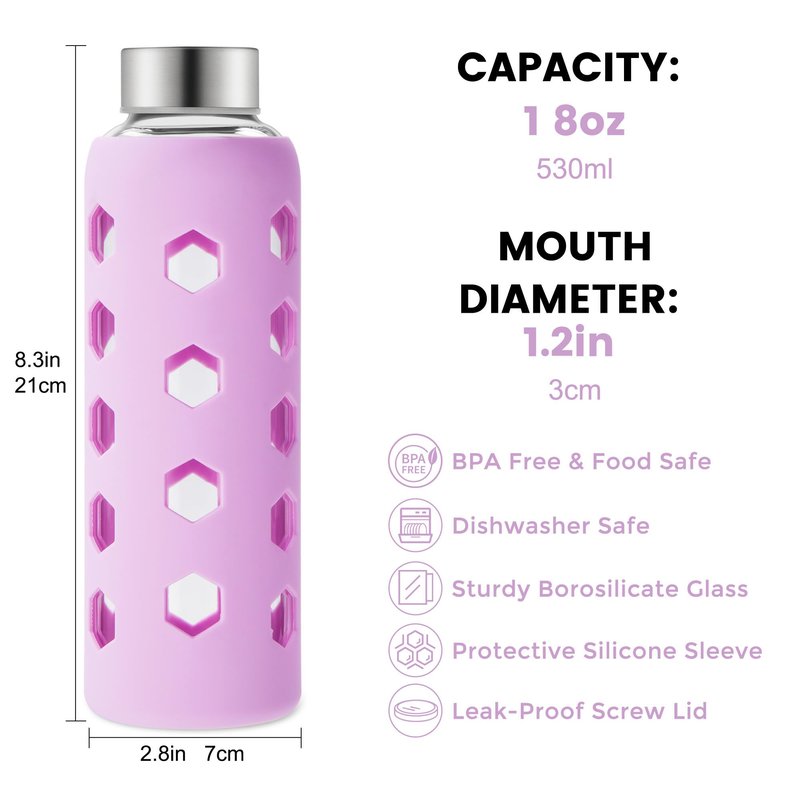 Mrsdry Glass Juice Bottles with Lids and Silicone Sleeves 18 oz, 4-Pack Reusable Clear Glass Water Bottles with Stainless Steel Airtight Cap for Juicing, Refrigerator, BPA Free Leak-Proof Drinking Jar