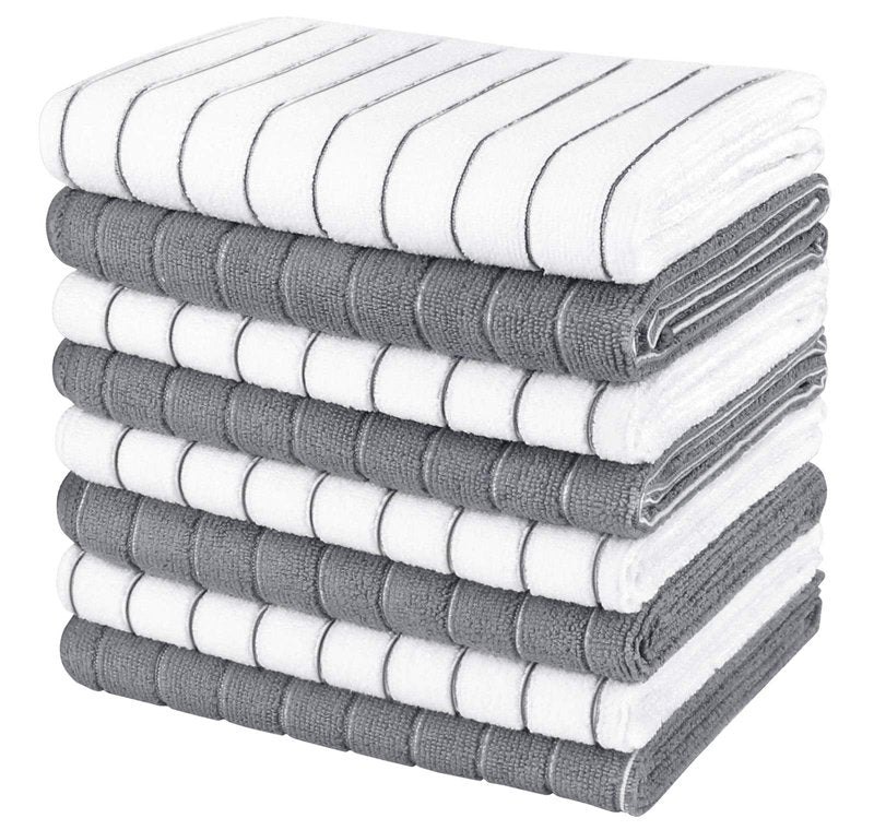 AIDEA Kitchen Towels-8PK, Super Soft and Absorbent Drying Towels for Dishes, Microfiber Cleaning Cloth Multi-Purpose Dish Towels for Kitchen, Home-Grey/White -18”x26”