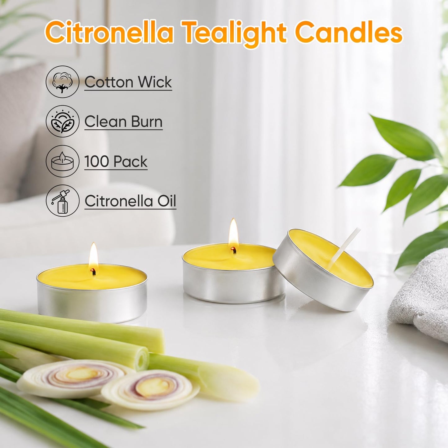 100 Pack Citronella Tealight Candles Bulk,Outdoor Intdoor Summer Scented Candles,Natural Soy Wax Citronella Tea Lights Candles for Patio,Yard,Garden,Pool,Porch,Parties,Weddings