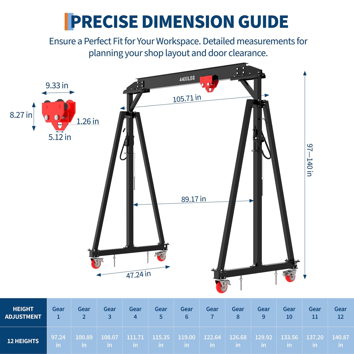 2 Ton Gantry Crane with Manual Trolley, Hook and Sling strap, 4400 LBS Steel I-Beam Hoist with 12 Adjustable Height Positions (97"–141"), Heavy Duty Shop Crane for Garage, Warehouse, Auto Repair & Con