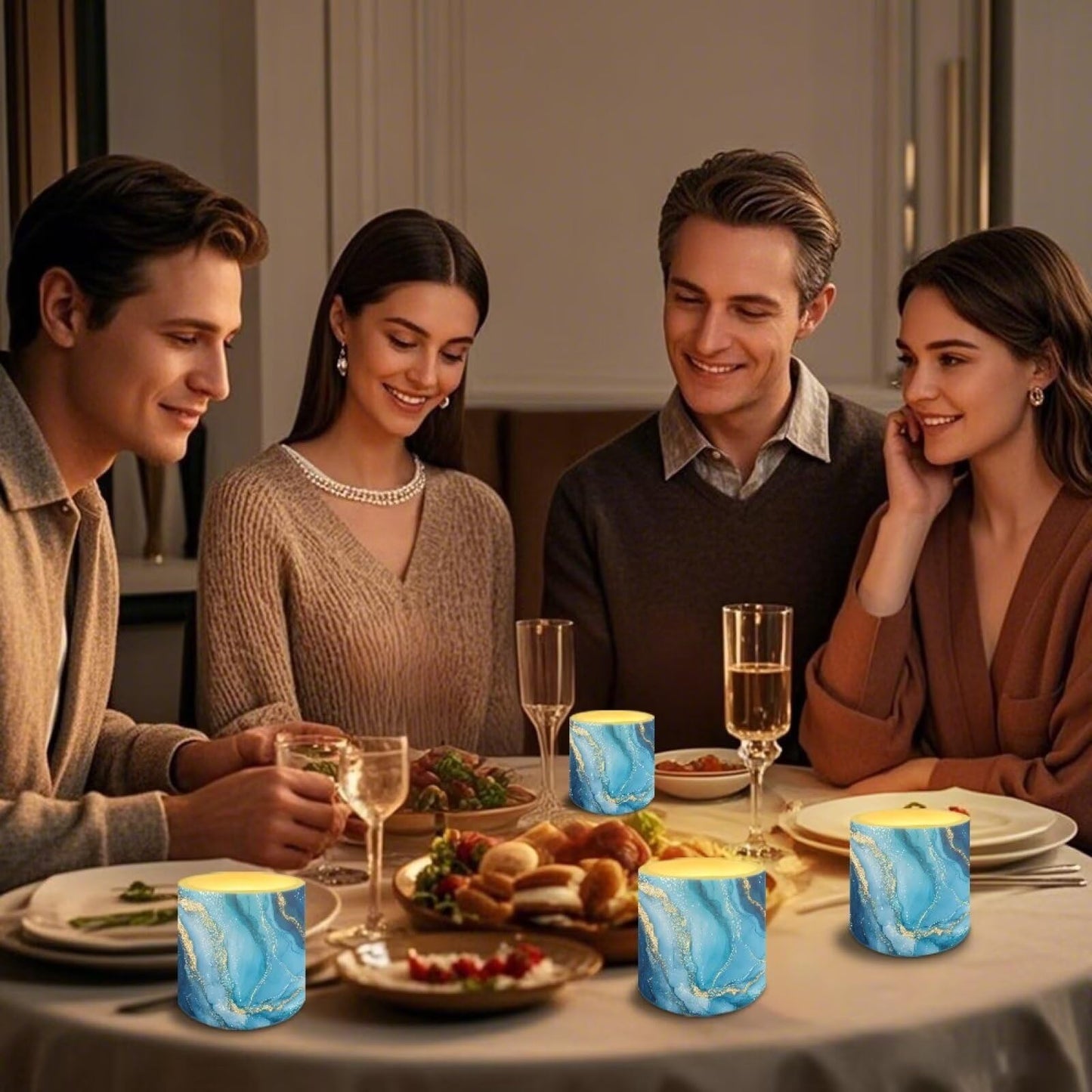 Cozeyat Blue Marble LED Candles Set of 4 Battery Powered Flameless with Remote Timer Waterproof Flickering Pillar Candles for Home Patio Garden