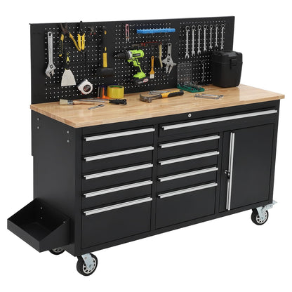 61 Inch Rolling Tool Chest with 10 Drawers, Rubber Wood Workbench Top, Anti-Fingerprint Steel, Lockable Wheels & Key Lock, Mobile Storage Cabinet Organizer for Garage & Workshop