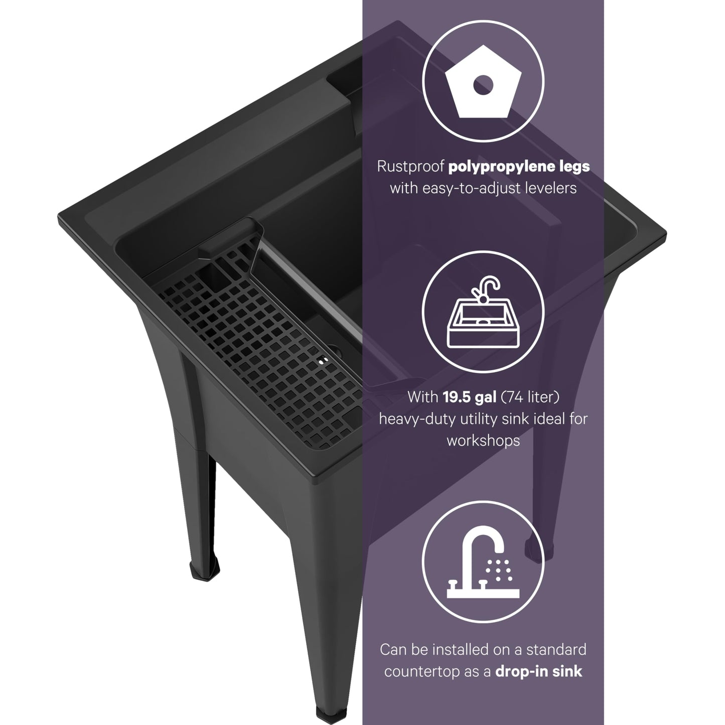 Freestanding Utility Sink with One Handle Chrome Faucet - 24" Plastic Utility Sink for Garage, Laundry, Indoor and Oudoor Use - Laundry Tub Kit by Noah William Home - Black (19.5 gal)