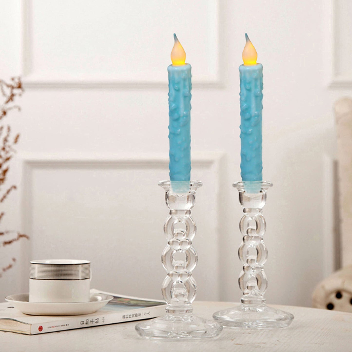 CVHOMEDECO. Real Wax Hand Dipped Battery Operated LED Timer Taper Candles Rustic Primitive Flameless Lights Decor, 6-3/4 Inch, Teal, 6 PCS in a Package