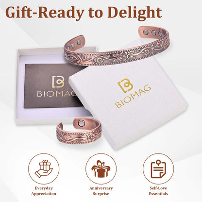 BioMag Copper Bracelet & Ring for Women, 99.99% Pure Copper Magnetic Bracelet Lymphatic Drainage Rings with 3500 Gauss Magnets, Adjustable & Flower Pattern