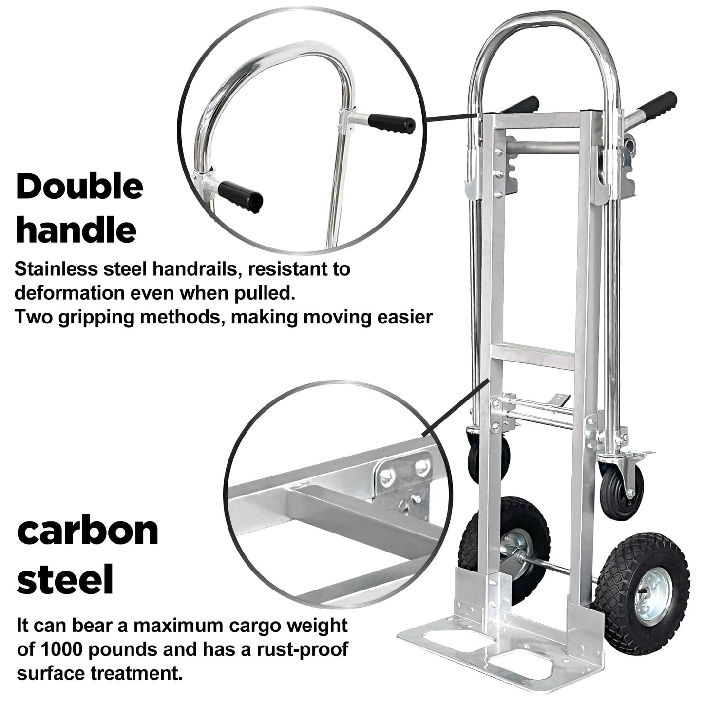 Suzhi Convertible Hand Truck Dolly Cart with Wheels Heavy Duty/with 4 Wheels&Brakes /1000Lbs Load, 2 Straps for Furniture/Appliance/Carton/Warehouse/Office /10 Minutes to Install as Video