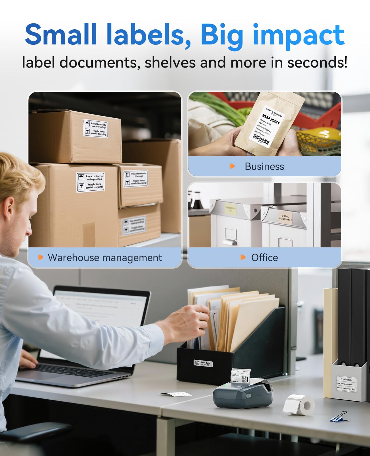 NIIMBOT B1 Label Maker Machine, Thermal Label Printer Easy to Use for Office, Home, Business, Came with 1 Roll White Label(Blue)